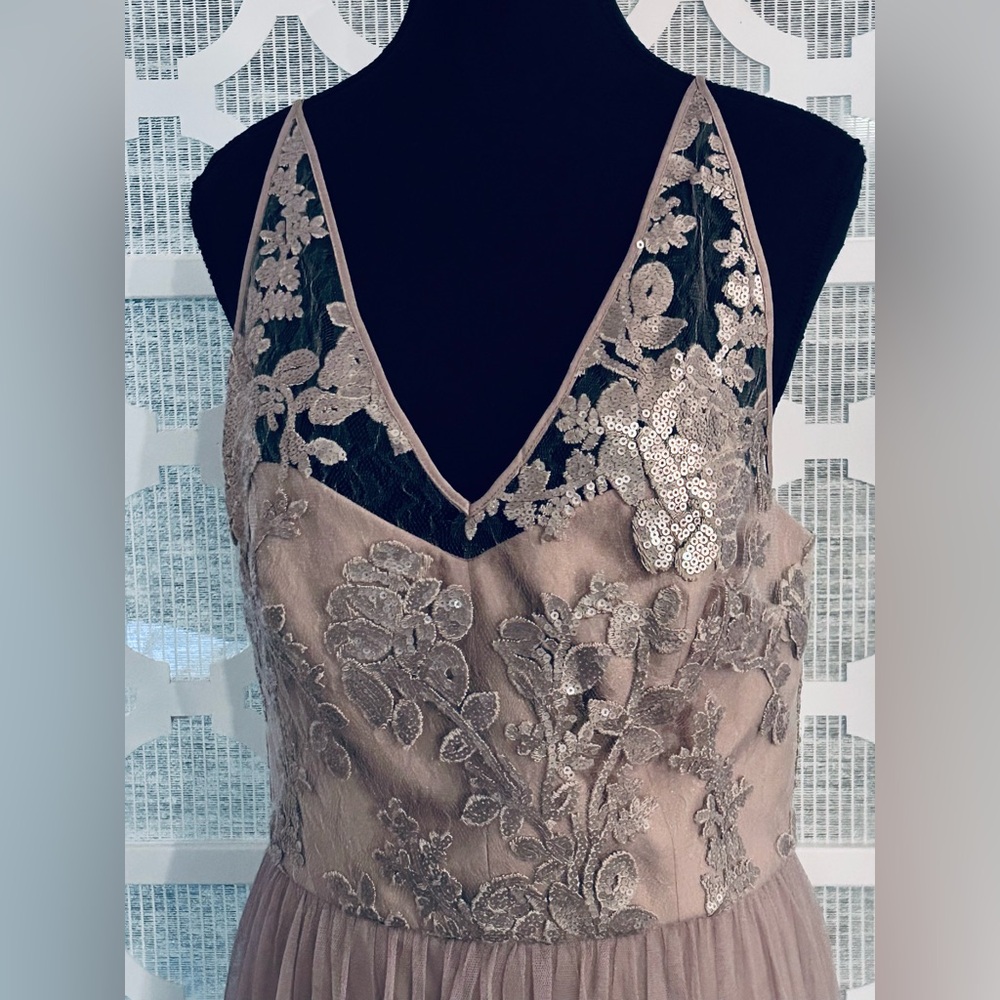 NWT SZ 10 AMSALE Formal Dress Sequins Lace Tulle Maxi Latte Taupe Sora Champagne - Picture 6 of 12